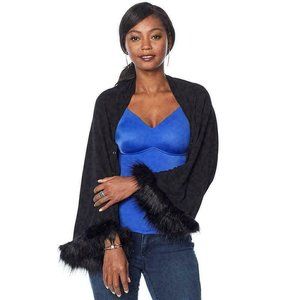 Rhonda Shear Faux Fur Trimmed Wrap - Black - Sizes